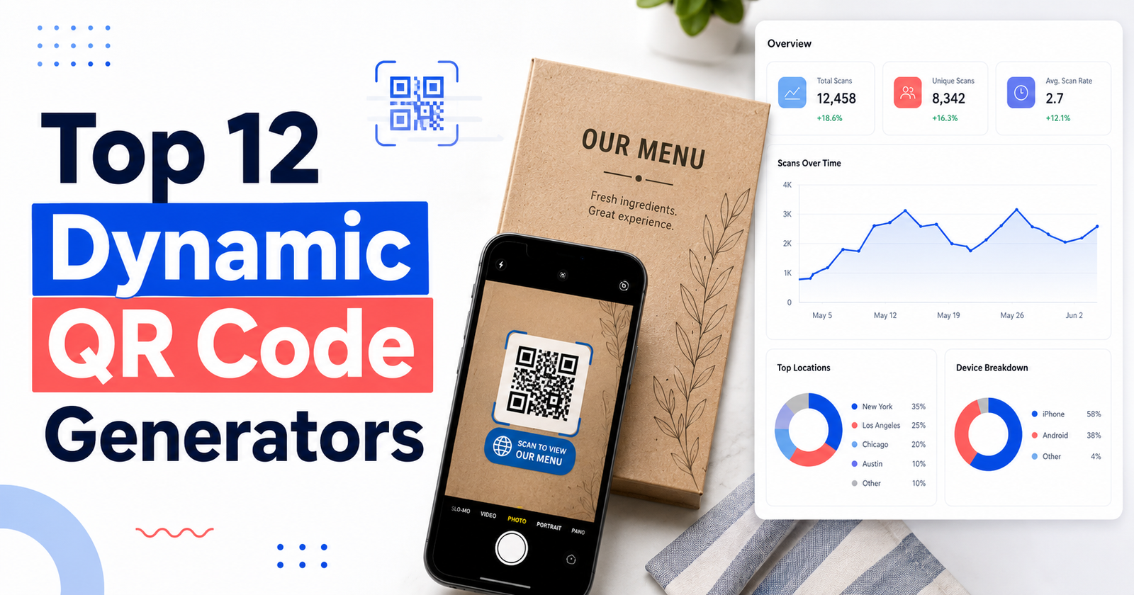 Top dynamic QR code generator comparison showing a smartphone scanning a QR code with analytics dashboard