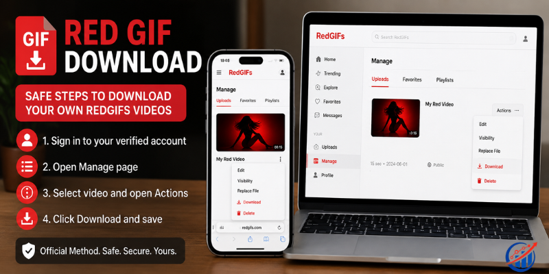 Red GIF download guide shown on a phone and laptop