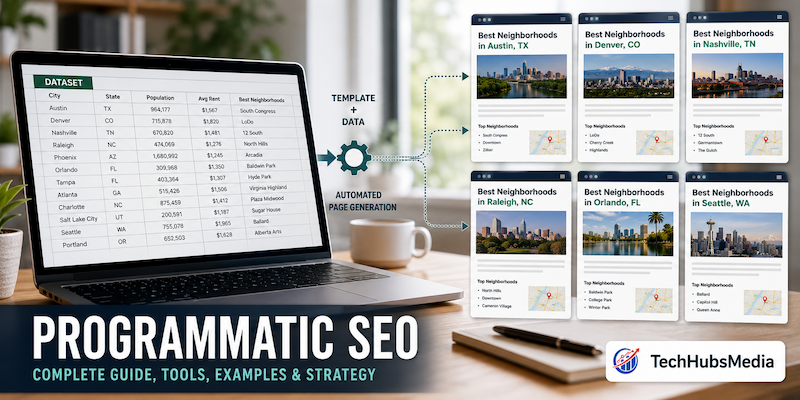 Programmatic SEO workflow showing a data table generating multiple ranking web pages